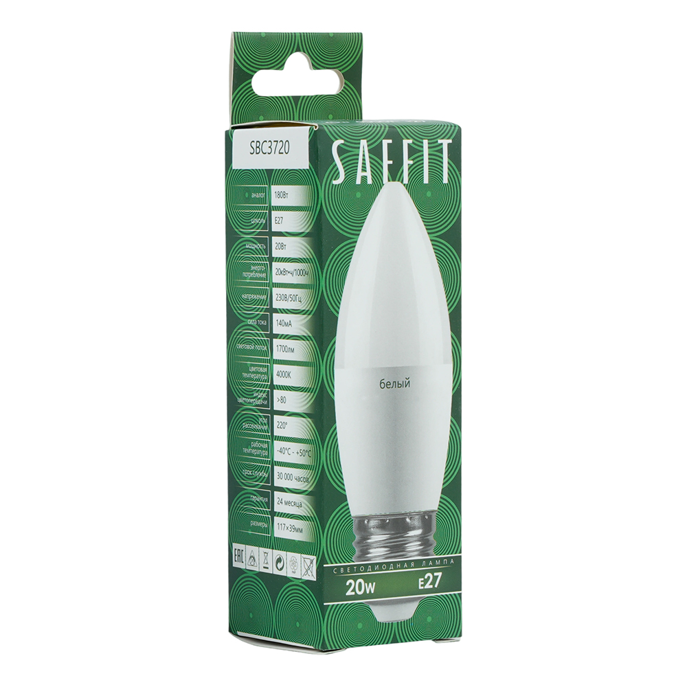 Лампа светодиодная SAFFIT SBC3720 Свеча E27 20W 230V 4000K от компании Ферон