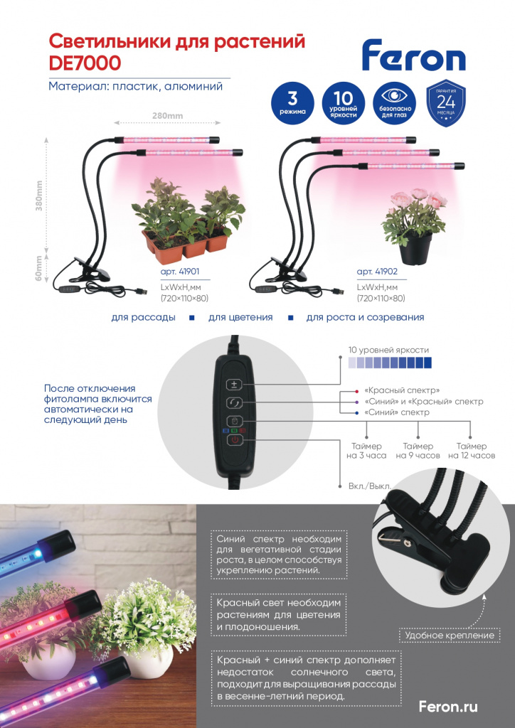Светодиодные светильники для растений DE7000 Feron