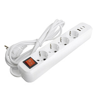 Удлинитель 4-местный с/з с выключ. STEKKER HM071-41-02 3x1мм2, 2м, 250В, 16А, 1USB+2C, 2.4A, сер Home, белый 50139