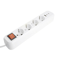 Удлинитель 4-местный с/з с выключ. STEKKER HM071-41-03 3x1мм2, 3м, 250В, 16А, 1USB+2C, 2.4A, сер Home, белый 50140