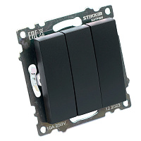 Выключатель 3-клавишный (механизм), STEKKER GLS10-7108-05, 250V, 10А, серия Катрин, черный 49172
