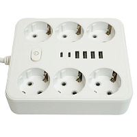 Удлинитель 6-местный c/з 3x1 мм2, 3 м, 250В, 10А, 4USB+2Type-C 2,4А, серия Home plus, белый STEKKER HM09-66-02 49982 Удлинитель 6-местный c/з 3x1 мм2, 3 м, 250В, 10А, 4USB+2Type-C 2,4А, серия Home plus, белый STEKKER HM09-66-02 49982