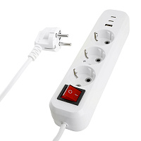 Удлинитель 3-местный с/з с выключ. STEKKER HM071-31-05 3x1мм2, 5м, 250В, 16А, 1USB+2C, 2.4A, сер Home, белый 50138