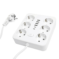 Удлинитель 6-местный c/з 3x1 мм2, 1,8 м, 250В, 10А, 4USB+2Type-C 2,4А, серия Home plus, белый STEKKER HM09-66-02 49975