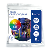 Светодиодная LED лента Feron LS607, 60SMD(5050)/m 14.4W/m 12V IP65 5m RGB  Артикул 27651 Светодиодная LED лента Feron LS607, 60SMD(5050)/m 14.4W/m 12V IP65 5m RGB  Артикул 27651